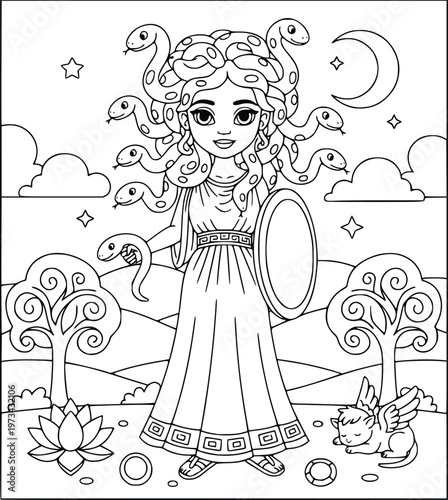  Medusa coloring page featuring a mythical woman with snakes in her hair
