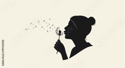 Silhouette of a woman blowing on a dandelion, seeds scattering in the wind