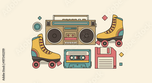Retro 80s items roller skates, boombox, cassette tape, floppy disk, and geometric shapes