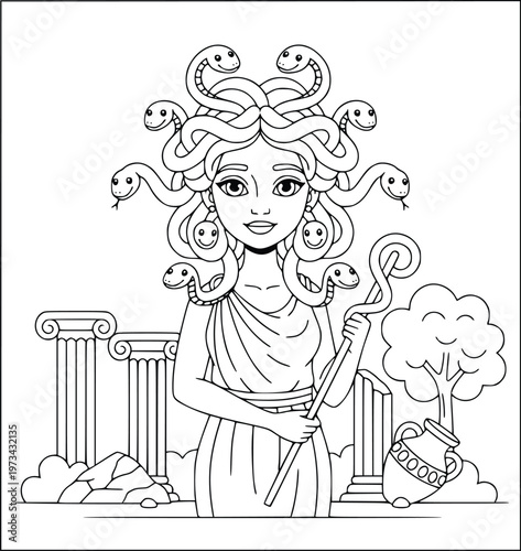 Mythology coloring page of a cute female gorgon with snakes and Greek ruins