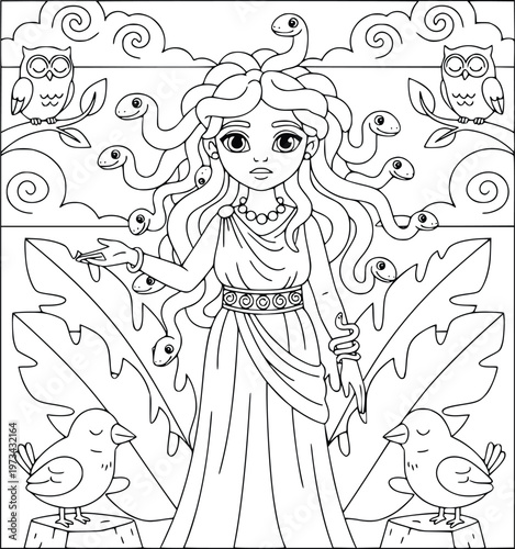 Gorgon coloring page with snakes and owls set in a mystical forest landscape