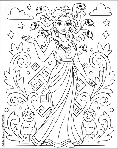 Mythology coloring page of a gorgon standing among ancient stone arch ruins