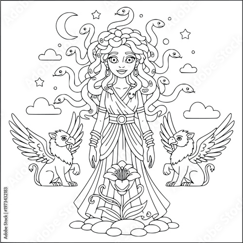 Medusa coloring page featuring a mythical goddess with griffins and lilies