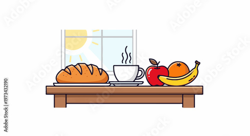 A bright morning scene with a fresh loaf of bread, steaming coffee, and a fruit selection