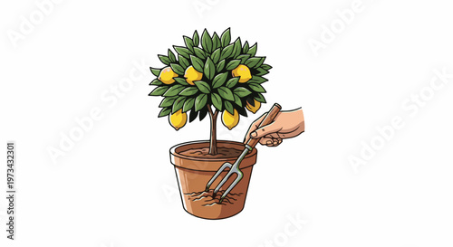 Hand tending a potted lemon tree with gardening tool