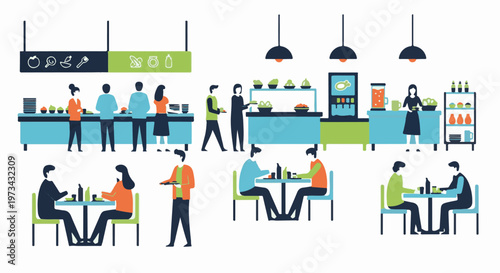 People at a self-service buffet line, choosing food, and sitting at tables to eat