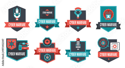 Collection of clean, modern vector emblems representing cyber warfare concepts with bold geometric shapes, featuring digital security icons like shields, circuits, and stylized