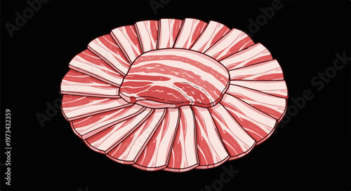 Circular arrangement of thinly sliced raw meat strips and a central piece