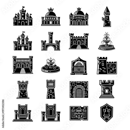 Collection of detailed medieval castles, fortified towers, ornate fountains, regal thrones, and heraldic shields rendered in a clean, scalable vector silhouette style with sharp
