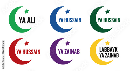 Collection of islamic crescent moon and star symbols with arabic phrases 'ya ali', 'ya hussain', 'ya zainab', and 'labbayk ya zainab' in vibrant green, blue, dark green, red,