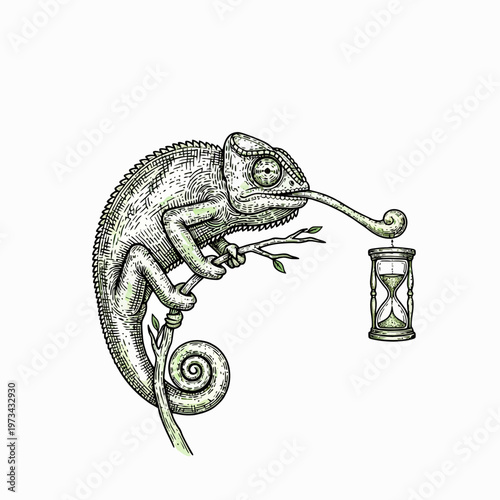 Chameleon with an hourglass on its tongue, symbolizing the passage of time.
