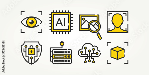 minimalist set of artificial intelligence technology line art icons vector illustration design. processor, cloud AI, cyber security and more