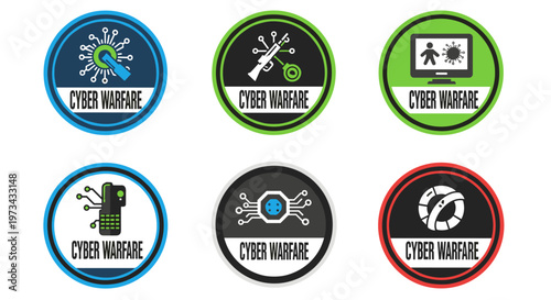 Collection of six circular emblems representing cyber warfare concepts with clean lines, distinct color palettes of blue, green, and red, featuring icons like a computer virus,