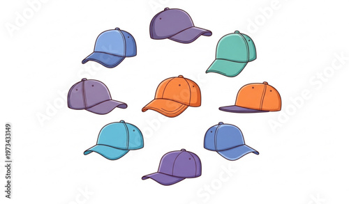 Cartoon baseball cap icon collection with sport headwear and fashion hats vector