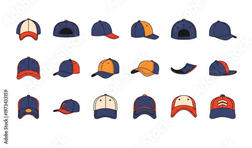 Baseball cap icon vector set with cartoon sport hats in different styles