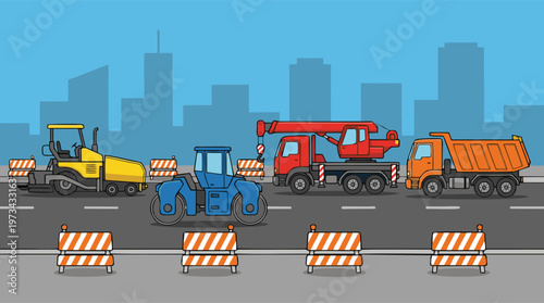 Road construction site with heavy machinery, truck, crane and rollers. City skyline vector.
