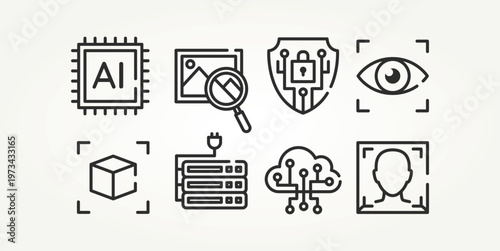 minimalist set of artificial intelligence technology line art icons vector illustration design. processor, cloud AI, cyber security and more