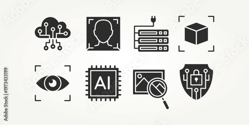 minimalist set of artificial intelligence technology silhouette flat icons vector illustration design. processor, cloud AI, cyber security and more