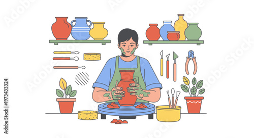 Potter working on clay vase at wheel, surrounded by tools and plants