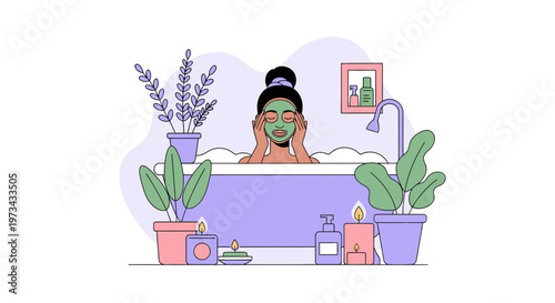 Woman Relaxing in Bathtub with Face Mask and Plants, Self Care
