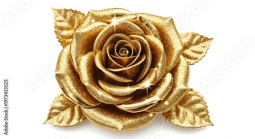 Golden glitter rose flower with leaves on white background golden rose d