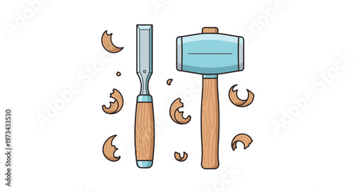Woodworking Tools: Chisel and Mallet with Wood Shavings, Craftsmanship Concept