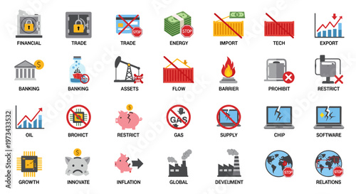 Diverse collection of flat icons representing financial concepts, trade restrictions, energy resources, banking institutions, industrial processes, technological challenges, and