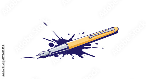 Yellow Fountain Pen with Ink Splatter on White Background