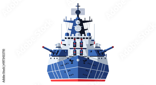 Majestic blue and white warship with prominent cannons, radar, and detailed superstructure, presented with clean lines and sharp geometric shapes, evoking maritime power and naval