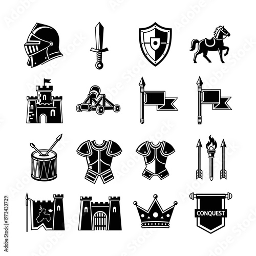 Medieval knight helmet, broadsword, ornate shield, regal horse, imposing castle, siege weapon, heraldic flags, war drum, protective armor, flaming torches, arrows, royal crown,