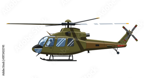 Military helicopter with camouflage green and brown coloring, featuring spinning rotors, clear blue windows, and landing skids, depicted with clean lines and sharp shapes for