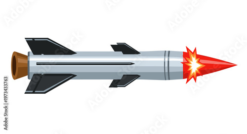 Powerful metallic missile projectile with sharp red nose cone and fiery orange explosion emanating from its tip, featuring sleek grey body, dark fins, and brown exhaust nozzle,