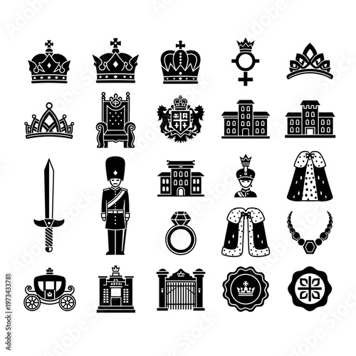 Regal symbols collection featuring ornate crowns, royal throne, ceremonial robes, heraldic crest, grand palaces, and a distinguished guard, evoking power, nobility, and historical