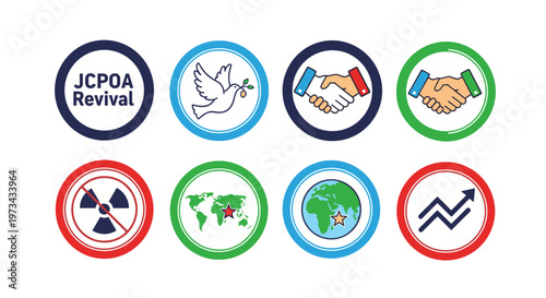Collection of circular icons featuring a dove with olive branch, handshake, world map with star, earth with star, upward trending graph, and nuclear radiation prohibition symbol,