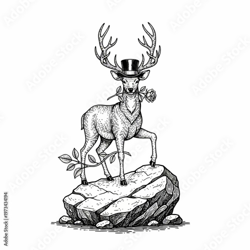 Elegant deer with top hat and rose standing on a rock.