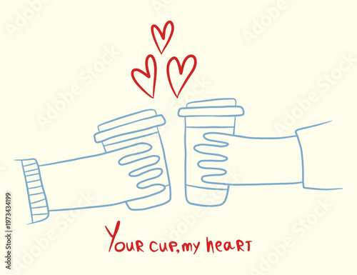 Two hands holding coffee cups toasting with red hearts, conceptual vector illustration of love, romance, dating and friendship