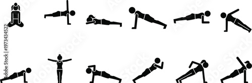 Bodyweight fitness exercise icons set showing push up plank and calisthenics routine sequence for home workout training strength building and healthy lifestyle illustration