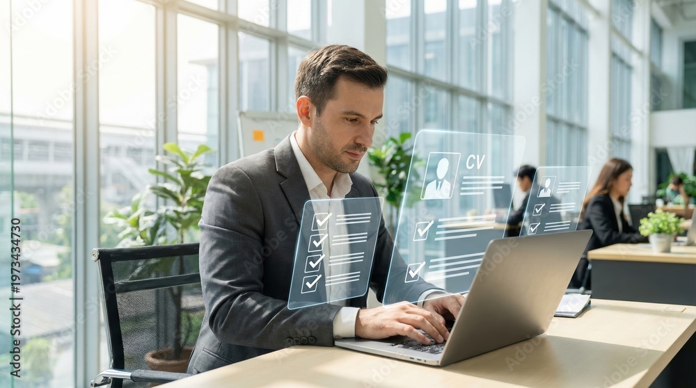 Fototapeta premium Man in suit reviewing digital CVs and checklists on a laptop in a modern office
