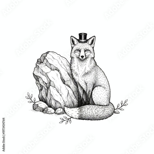 Bild auf Leinwand Elegant Fox Wearing a Top Hat Next to a Rock.