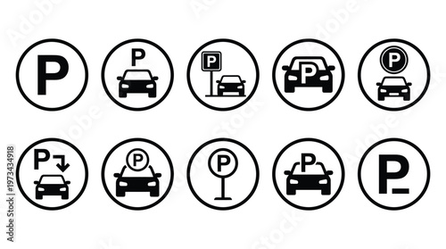 Circle car parking icon vector set with bold silhouette style, modern parking symbol isolated on white.