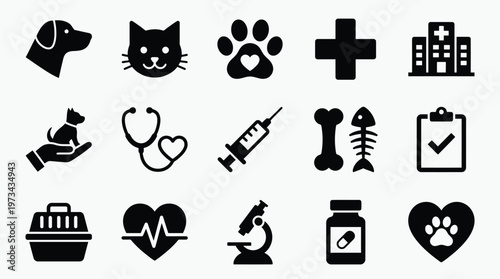 Pets icon set with animal care and vet clinic symbols in clean vector style for pet and veterinary design.