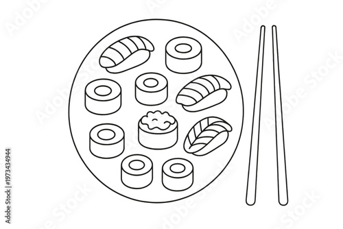 Minimalist Sushi Art. "Sushi Arrangement". Minimalistic one-line drawing circular platter of sushi pieces with