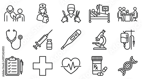 Medical and healthcare line icon set featuring doctor, nurse, surgeon, and hospital equipment.