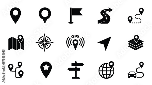 Location icon set with map, pin, navigation, distance, direction and address symbols in solid vector style.