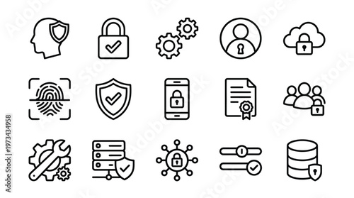 Privacy settings and control outline icon set for account security, data protection, and user control UI.