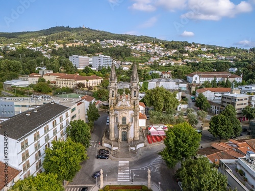 Aerial view of Church of Our Lady of Consolation and Santos Passos and Largo Republic of Brazil Garden - Guimaraes, Portugal.