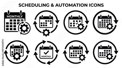 Monthly plan and auto renewal icon set with calendars and gears for subscription and billing process concepts.