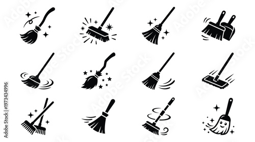 Broom sweep besom icon set vector illustration for web, app, logo, UI. Cleaning tool symbol design.