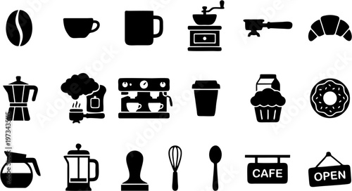 Mega collection of 20 coffee shop and cafe element silhouettes solid black shapes