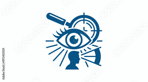 Blue icon representing vision, observation, perception, and analysis with an eye, magnifying glass, target, and head silhouette.